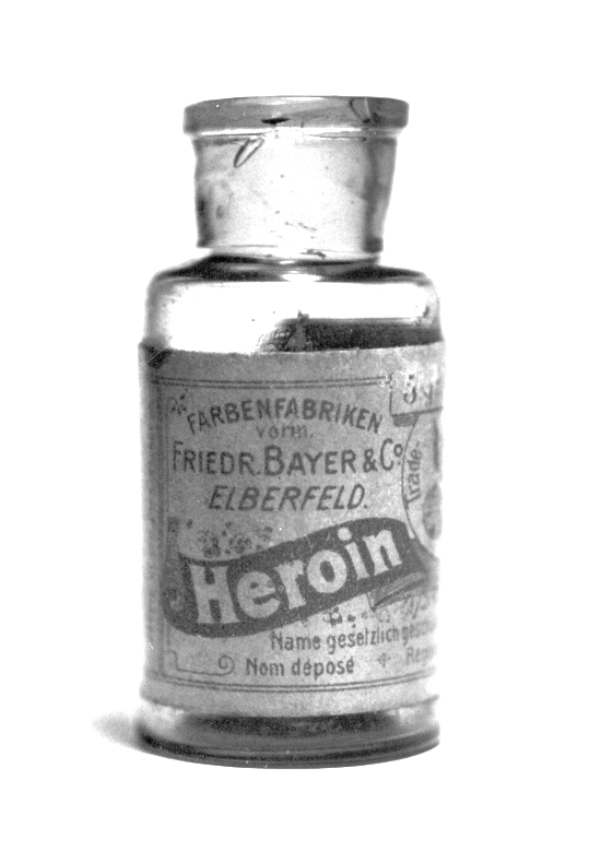 Pre-war Bayer heroin bottle, originally containing 5 grams of Heroin substance.