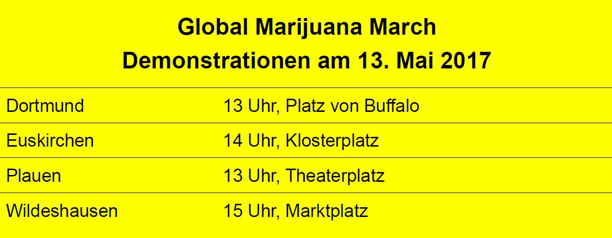 Global Marijuana March 2017, teilnehmende Städte am 13. Mai 2017