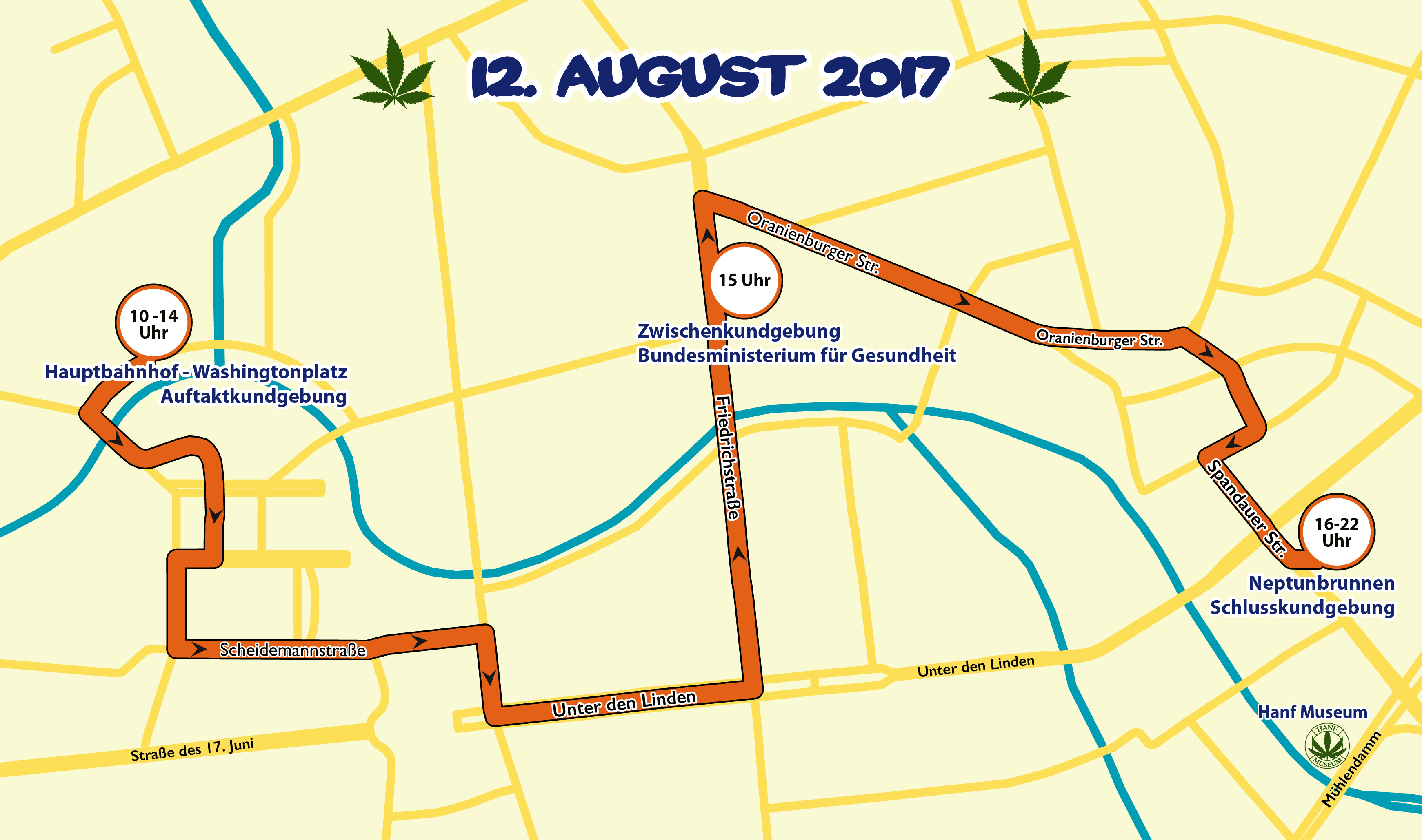Abbildung 1 zeigt die Route der Hanfparade 2017. Grafik: Doro Tops, Lizenz: CC BY-SA 3.0 DE