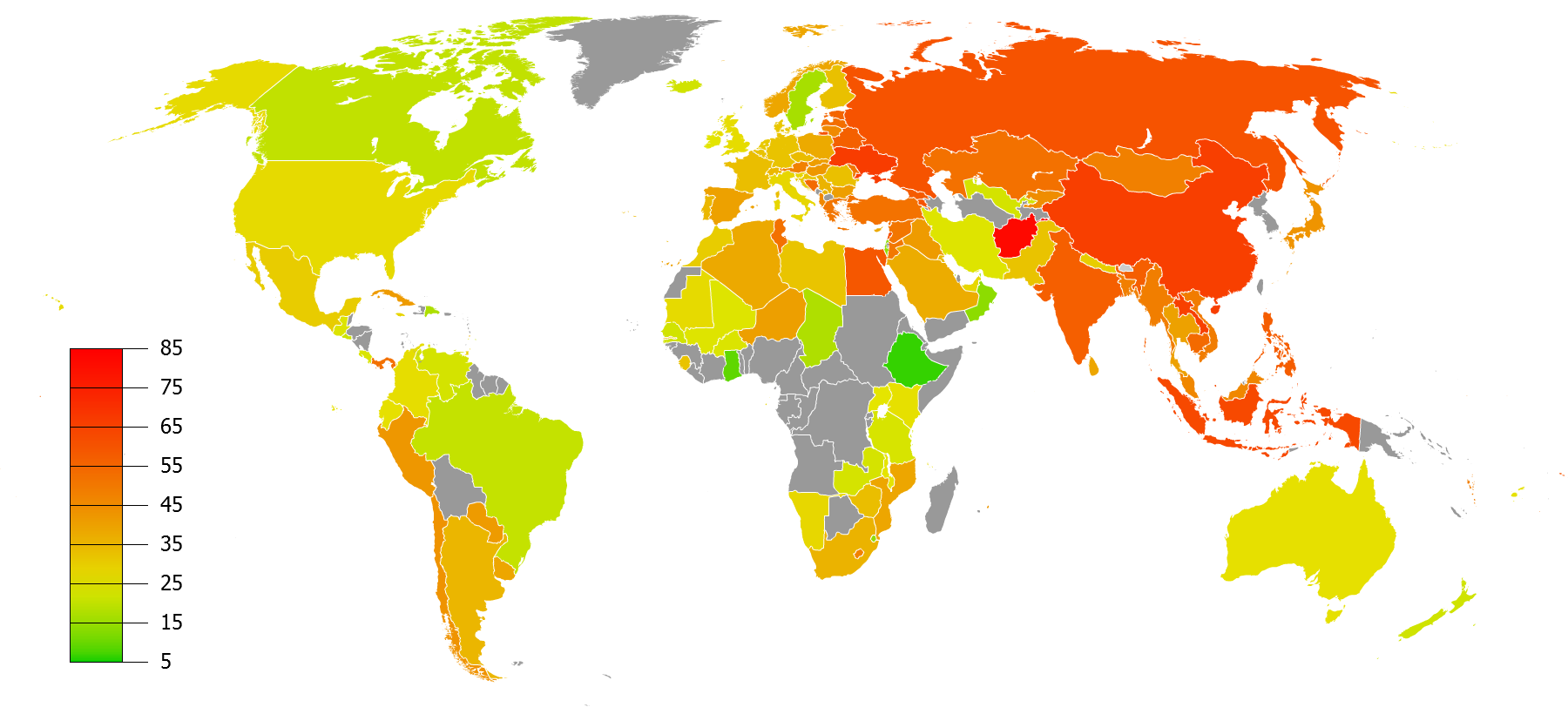 Anteil der Männer in Prozent in den jeweiligen Staaten, die Tabakprodukte rauchen. Datenquelle: WHO (CC BY-SA 3.0)