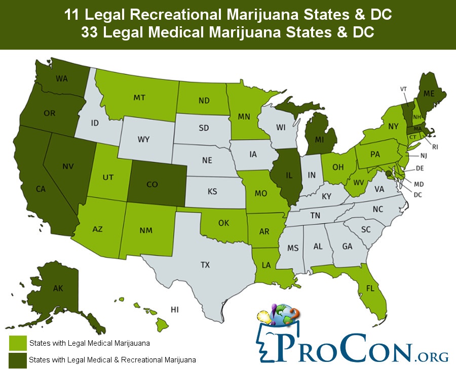 Bundesstaaten in den USA. Hellgrün eingefärbt sind die Bundesstaaten in denen Cannabis als Medezin legal ist, in Dunkelgrün sind die Bundesstaaten in denen Cannabis als Medezin wie auch der Freizeitgebrauch legal sind. Grafik: ProCon.org.