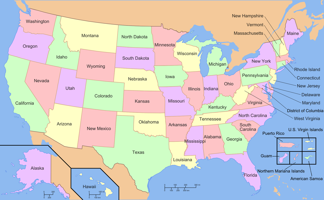 Bundesstaaten der USA, Wikimedia: User: Wapcaplet, edited by User:Ed g2s, User:Dbenbenn, CC BY-SA 3.0