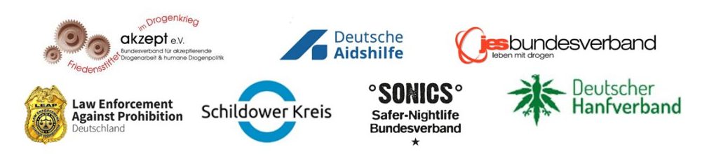 Logos der beteiligten Oganisationen der Forderungen für die deutsche Drogenpolitik