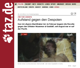 Pornographisch und unnötig: Ärgerliches Bild des toten Gaddafi auf taz.de (klicken zum Vergrößern)