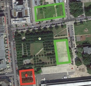 taz-Neubau (rot) und neue Parkflächen (grün)