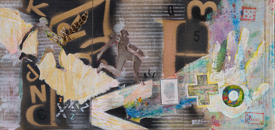 + Berchenko, CRUZ + CIGRAMA, mixed media on recycled cardboard, 80 x 46 cm, 2025.