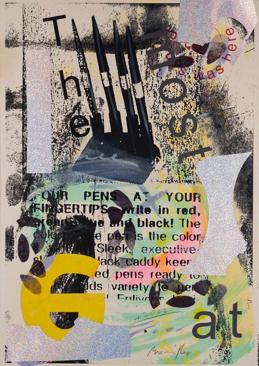 + Olbrich, Pens, mixed media on paper, 38 x 29 cm, 2024.