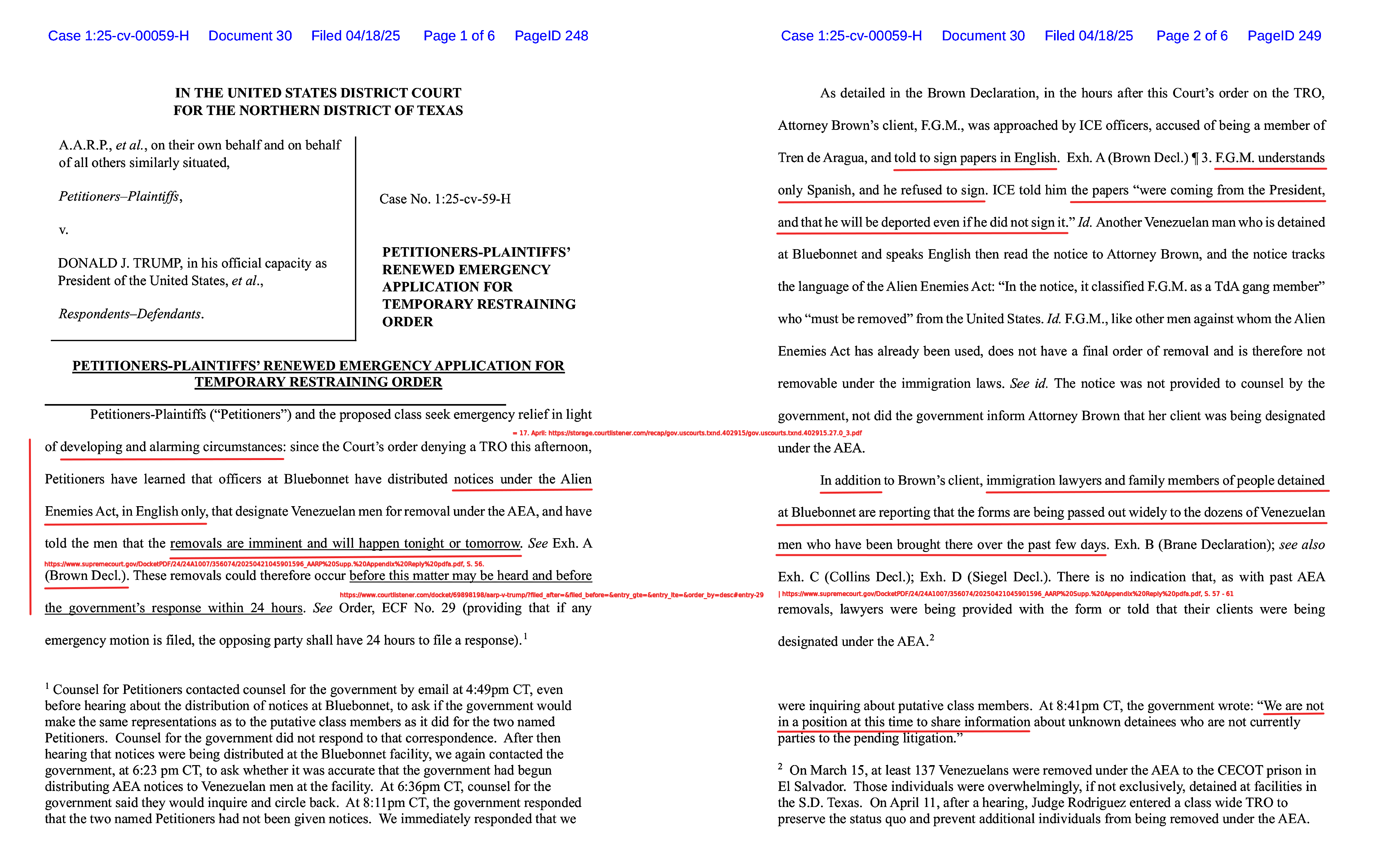 Emergency MOTION for Temporary Restraining Order filed by A.A.R.P., W.M.M. von Karfreitag 12:34 a.m. CDT