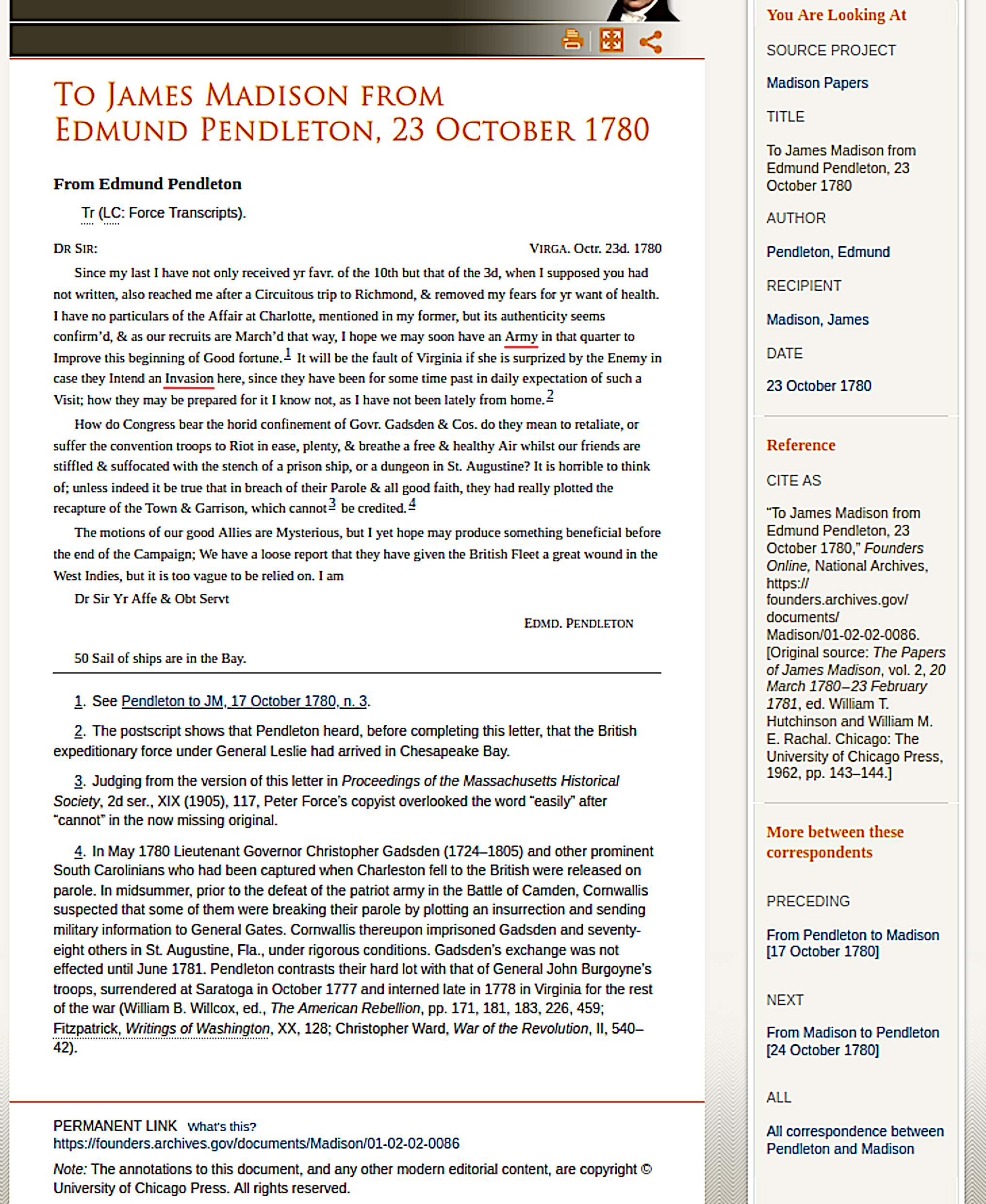 To James Madison from Edmund Pendleton, 23 October 1780